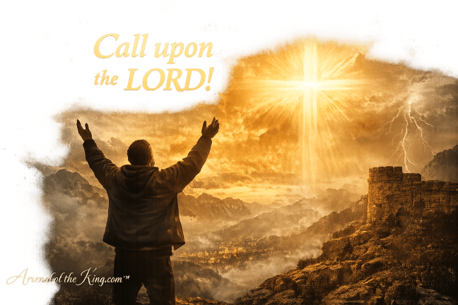 A person standing on a mountain with arms raised toward a radiant cross of light shining through golden clouds, with the words “Call upon the LORD!” displayed in the sky, symbolizing prayer, worship, and trust in Jesus.