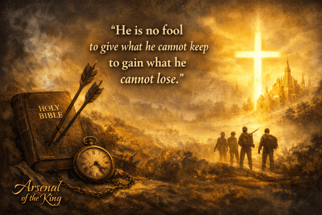 “Arsenal of the King artwork with a Bible, arrows, and pocket watch beside a glowing cross and distant heavenly city, featuring the Jim Elliot quote about eternal treasure.”