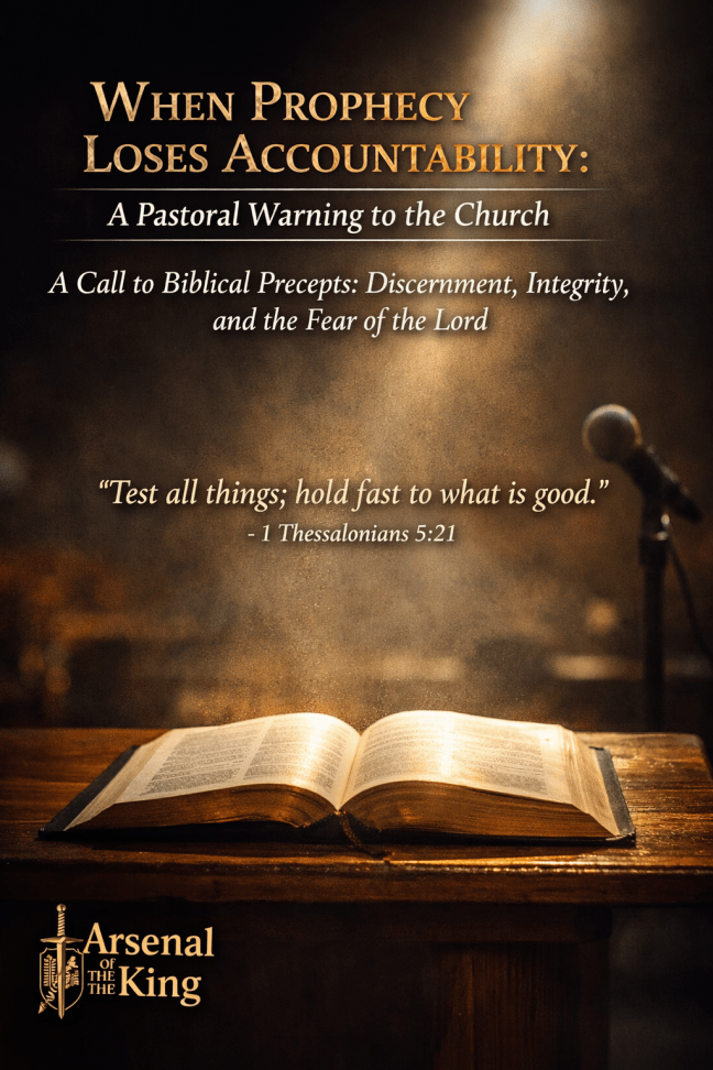 Open Bible on a pulpit under golden light with the words “When Prophecy Loses Accountability” and 1 Thessalonians 5:21.