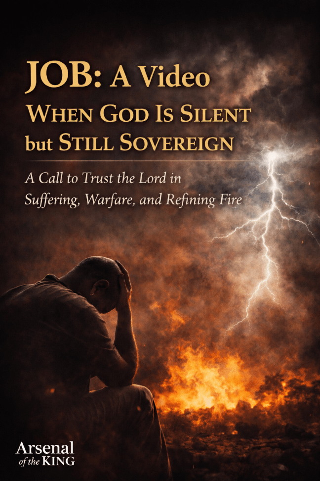 “JOB: A Video – When God Is Silent but Still Sovereign” featuring a dramatic dark sky, light breaking through clouds, and the title text with Arsenal of the King branding in the lower left corner.