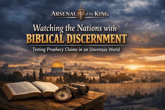 “Jerusalem skyline with open Bible, compass, and binoculars symbolizing biblical discernment while watching world events.”