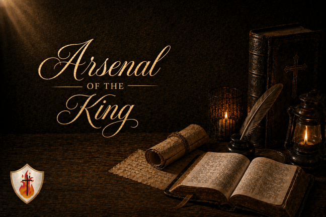 A reflective, vintage-style devotional cover with the gold calligraphic title “Arsenal of the King” on the left, and an open Bible, parchment scroll, quill, candle, lantern, and leather-bound book on the right, with the Arsenal of the King logo in the lower left corner.
