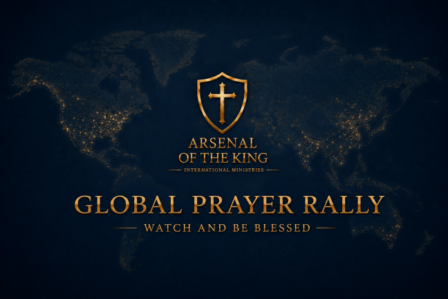 Arsenal of the King International Ministries logo displayed over a subtle world map, symbolizing a global mission to proclaim Jesus Christ and equip believers around the world.