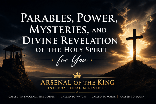 A dramatic ministry banner showing a glowing cross on a hill under golden light breaking through dark clouds, with a watchman standing in a tower, representing divine revelation, spiritual wisdom, and the call to proclaim, watch, warn, and equip through Christ.