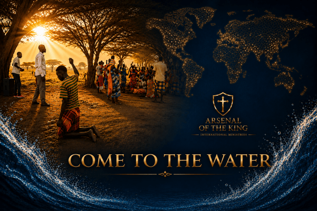 Worshipers gathered beneath trees at sunrise while a world map and ministry emblem symbolize the global call of the gospel, with the words “Come to the Water.”