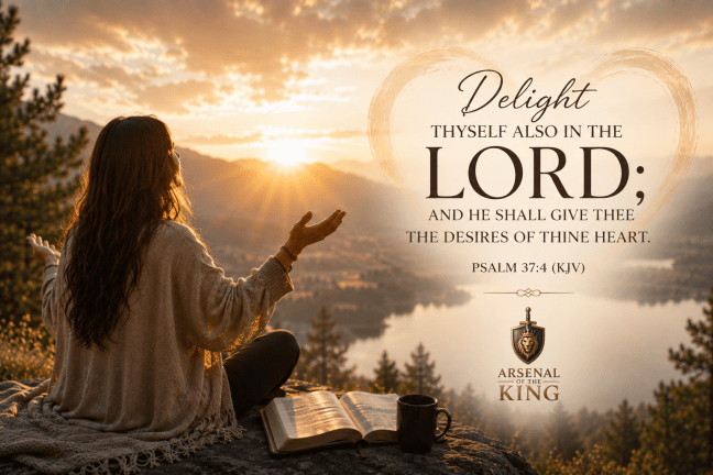 Woman worshipping at sunrise with Psalm 37:4, illustrating that delighting in the Lord transforms our hearts until Christ becomes our greatest desire.